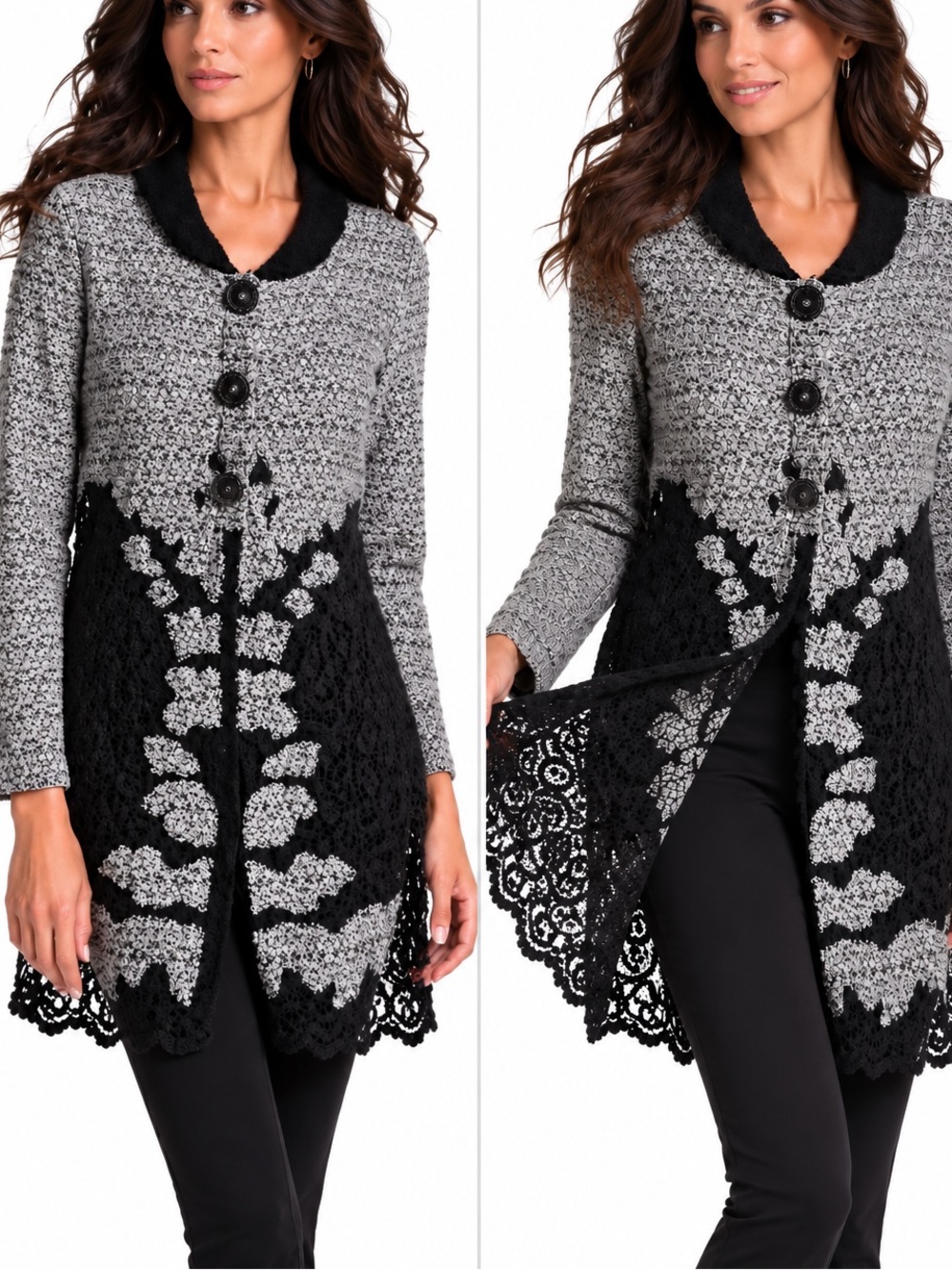 Nic & Zoe Zozo Black White Tunic Duster Coatagin Lace Accents sz Large
